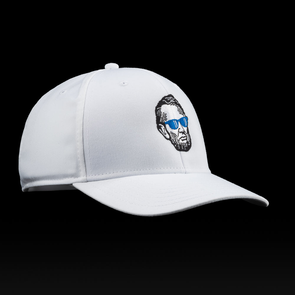 White SWAG Golf cap with a graphic of a Abe Lincoln wearing sunglasses on a black background