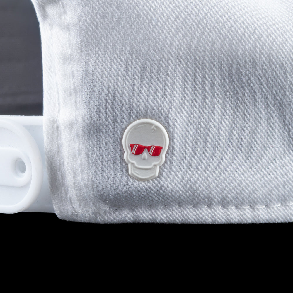 White SWAG Golf cap with a graphic of a Abe Lincoln wearing sunglasses on a black background