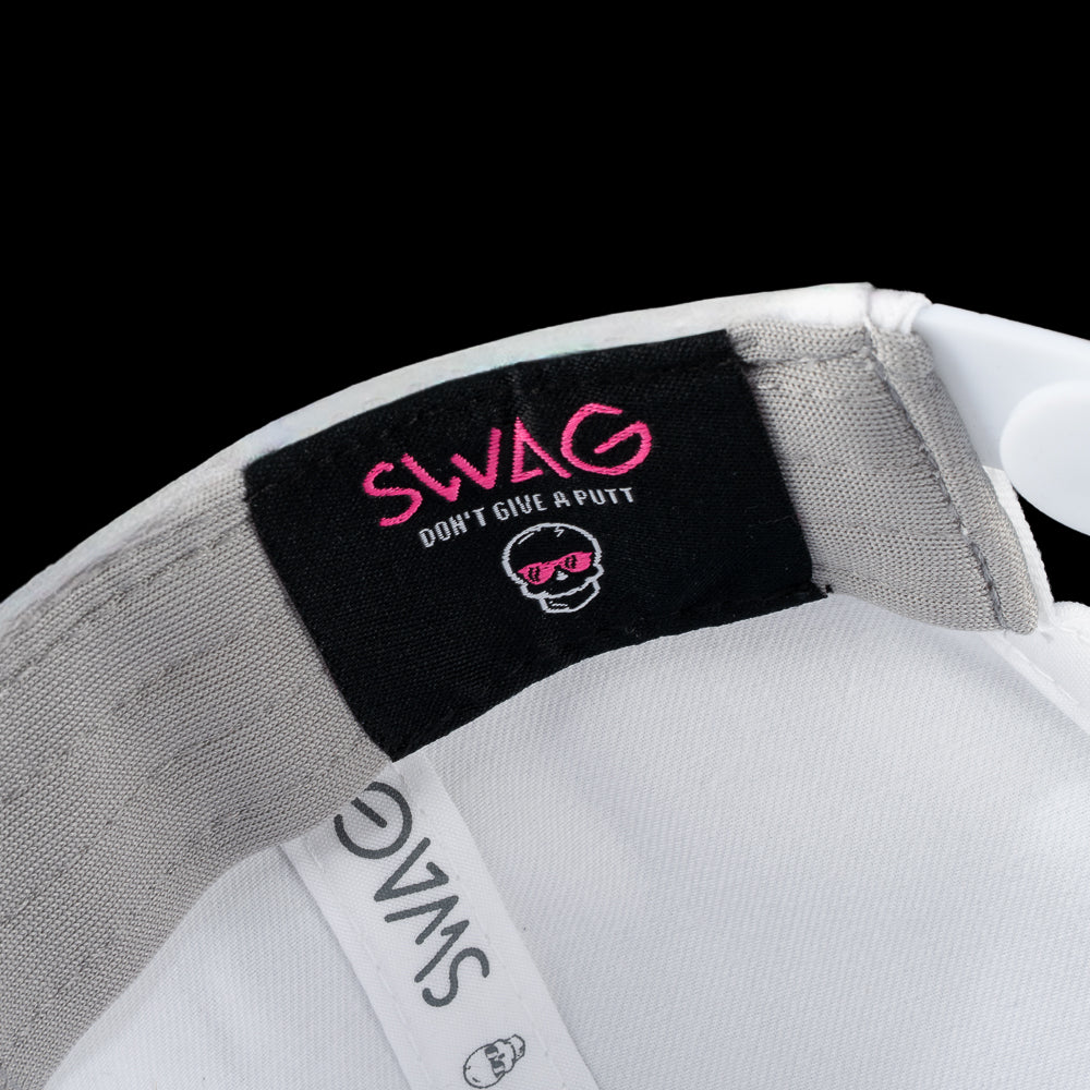 White SWAG Golf cap with a graphic of a Abe Lincoln wearing sunglasses on a black background