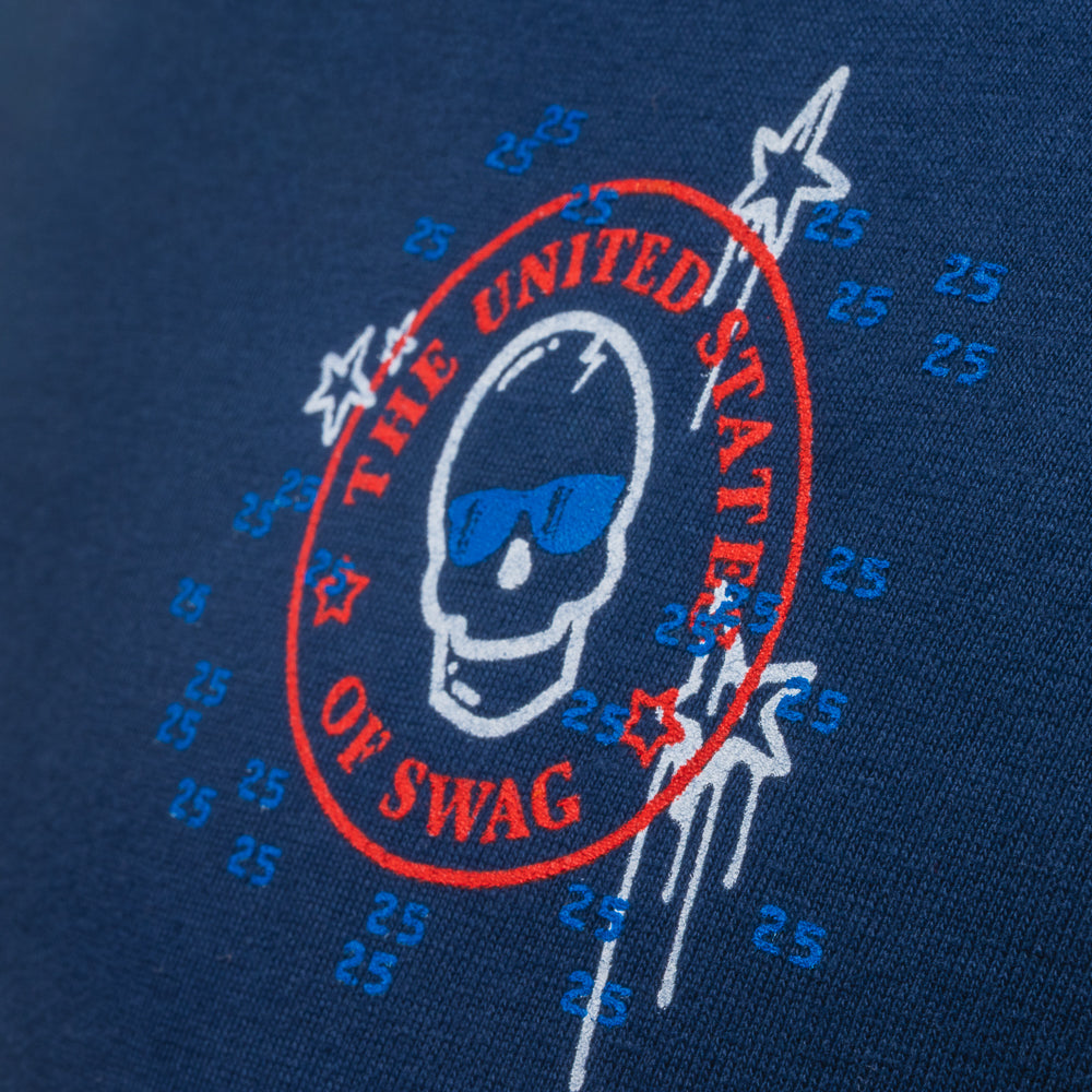 Person wearing a blue t-shirt with a United States of SWAG logo on a black background