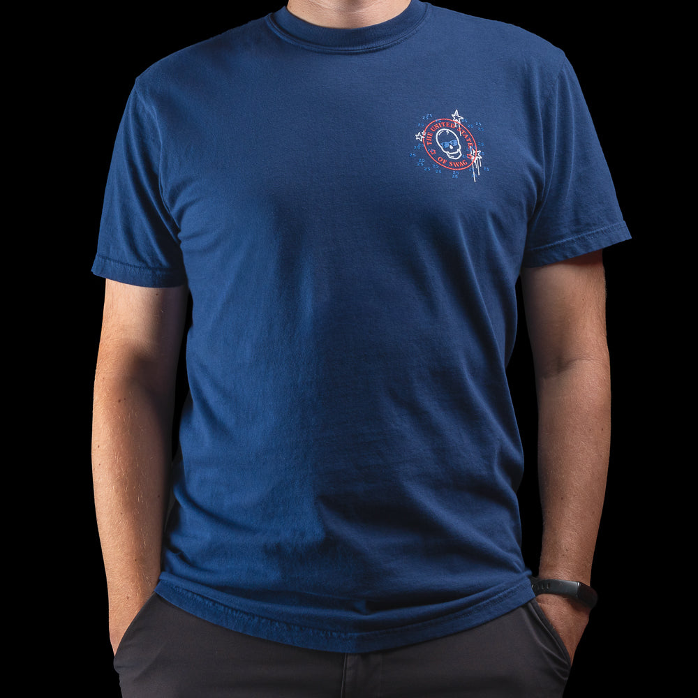Person wearing a blue t-shirt with a United States of SWAG logo on a black background