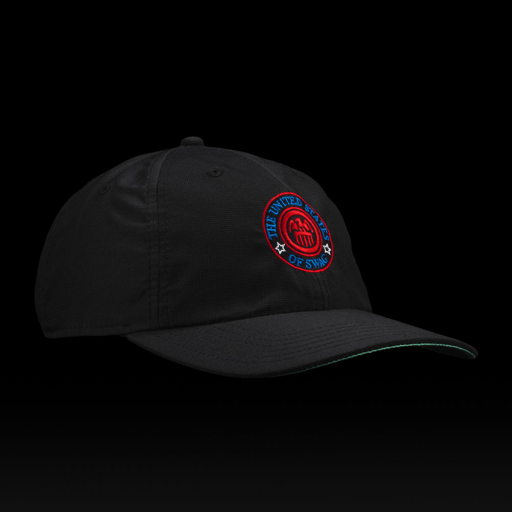 Black cap with a red and blue United States of SWAG logo on a black background.