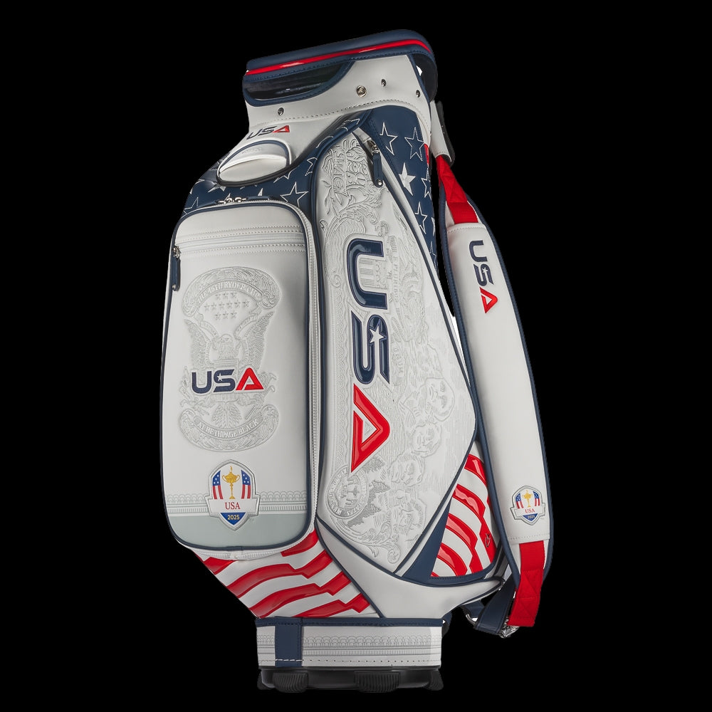 SWAG Golf x Official Ryder Cup 2024 Team Vessel Prime Staff 2.0 golf bag. Featuring a red, white, and blue USA design.