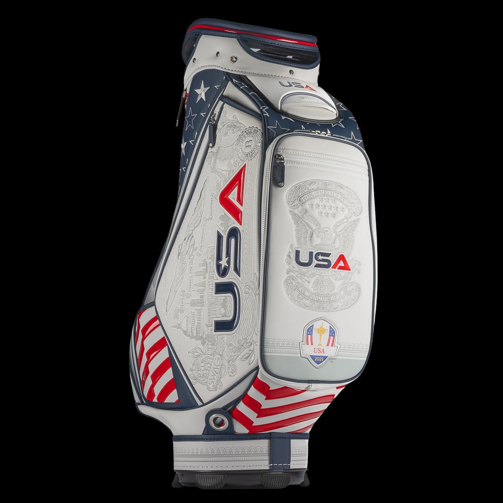 SWAG Golf x Official Ryder Cup 2024 Team Vessel Prime Staff 2.0 golf bag. Featuring a red, white, and blue USA design.