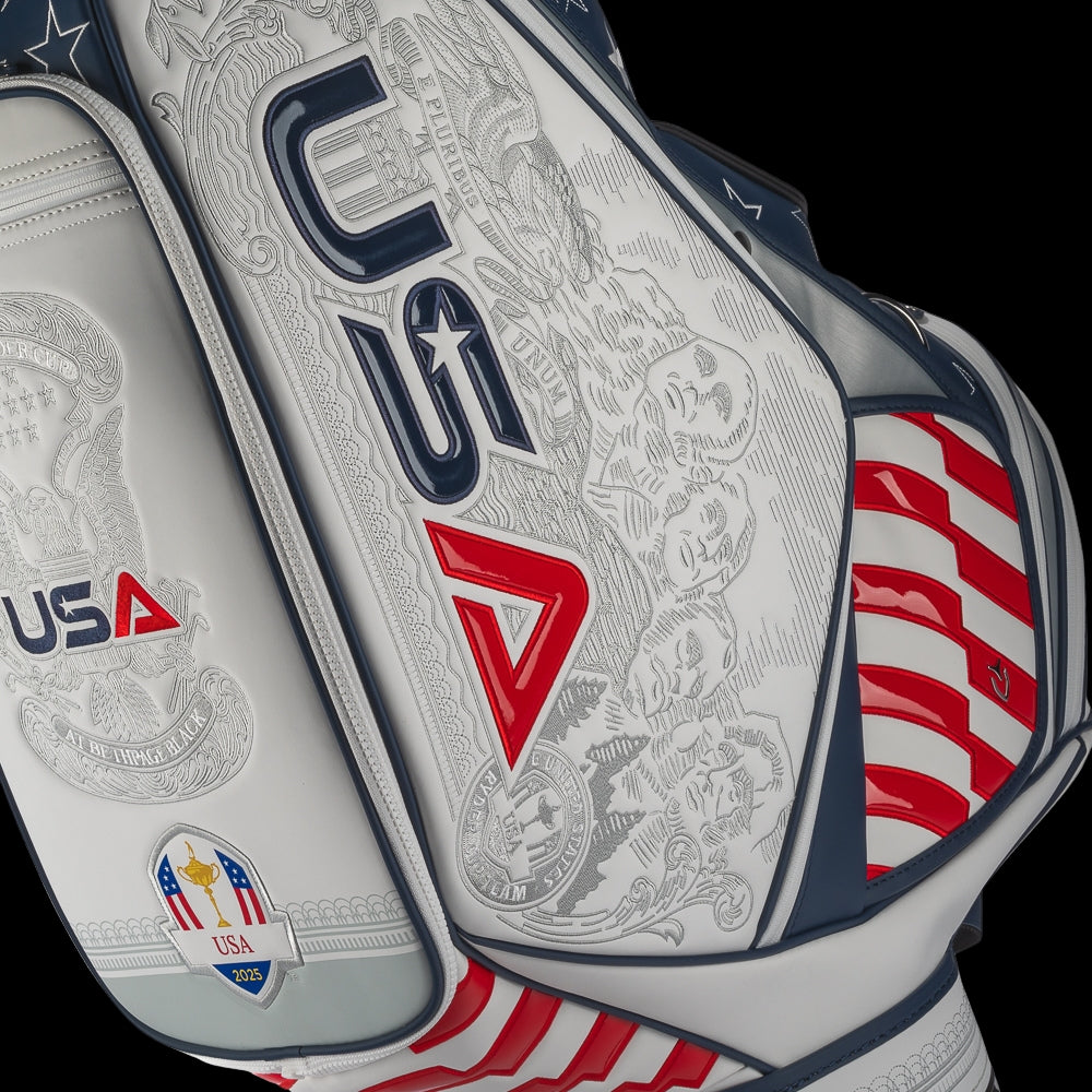 SWAG Golf x Official Ryder Cup 2024 Team Vessel Prime Staff 2.0 golf bag. Featuring a red, white, and blue USA design.