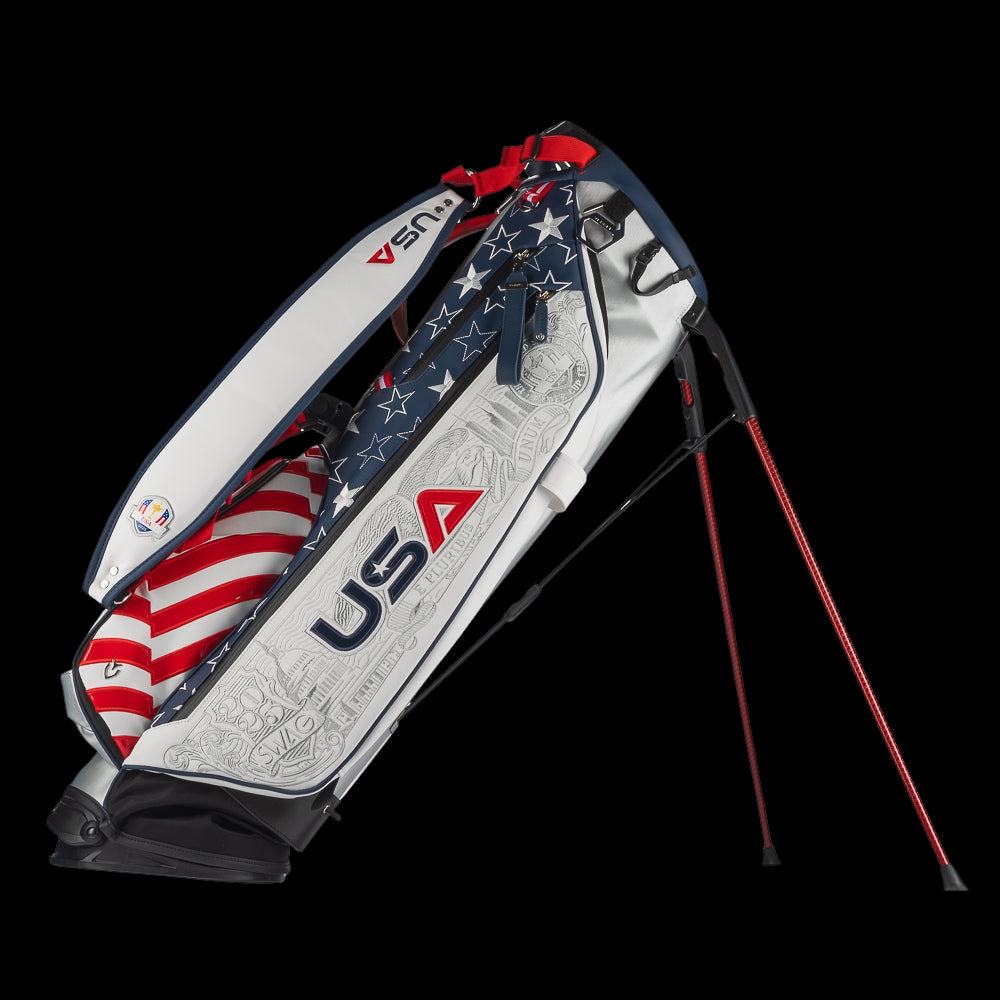SWAG Golf x Official Ryder Cup 2024 Team Vessel VLS Lux golf stand bag. Featuring a red, white, and blue USA design.