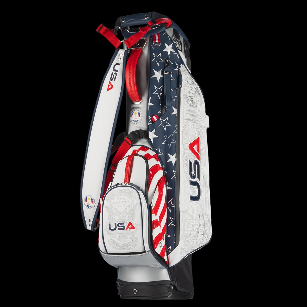 SWAG Golf x Official Ryder Cup 2024 Team Vessel VLS Lux golf stand bag. Featuring a red, white, and blue USA design.