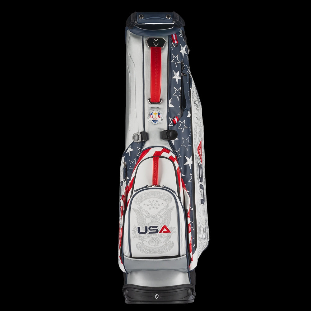 SWAG Golf x Official Ryder Cup 2024 Team Vessel VLS Lux golf stand bag. Featuring a red, white, and blue USA design.