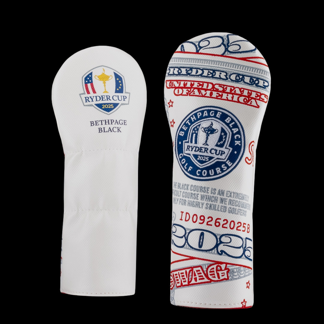 Ryder Cup 2025 official white fairway wood golf headcover with Bethpage Black logo and currency theme.