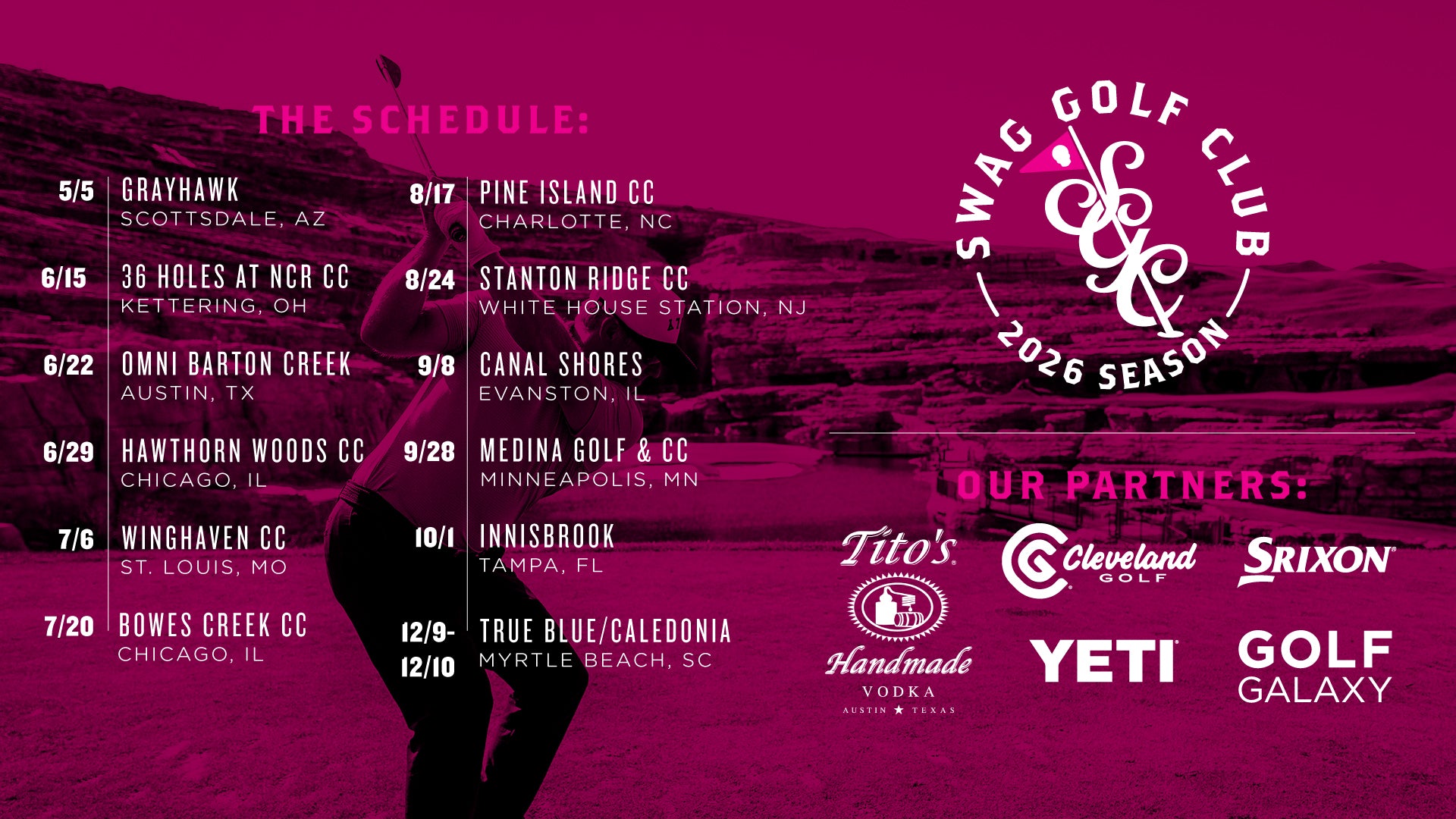 Promotional graphic for SWAG Golf Club 2026 Season with schedule and partner logos on a pink background.