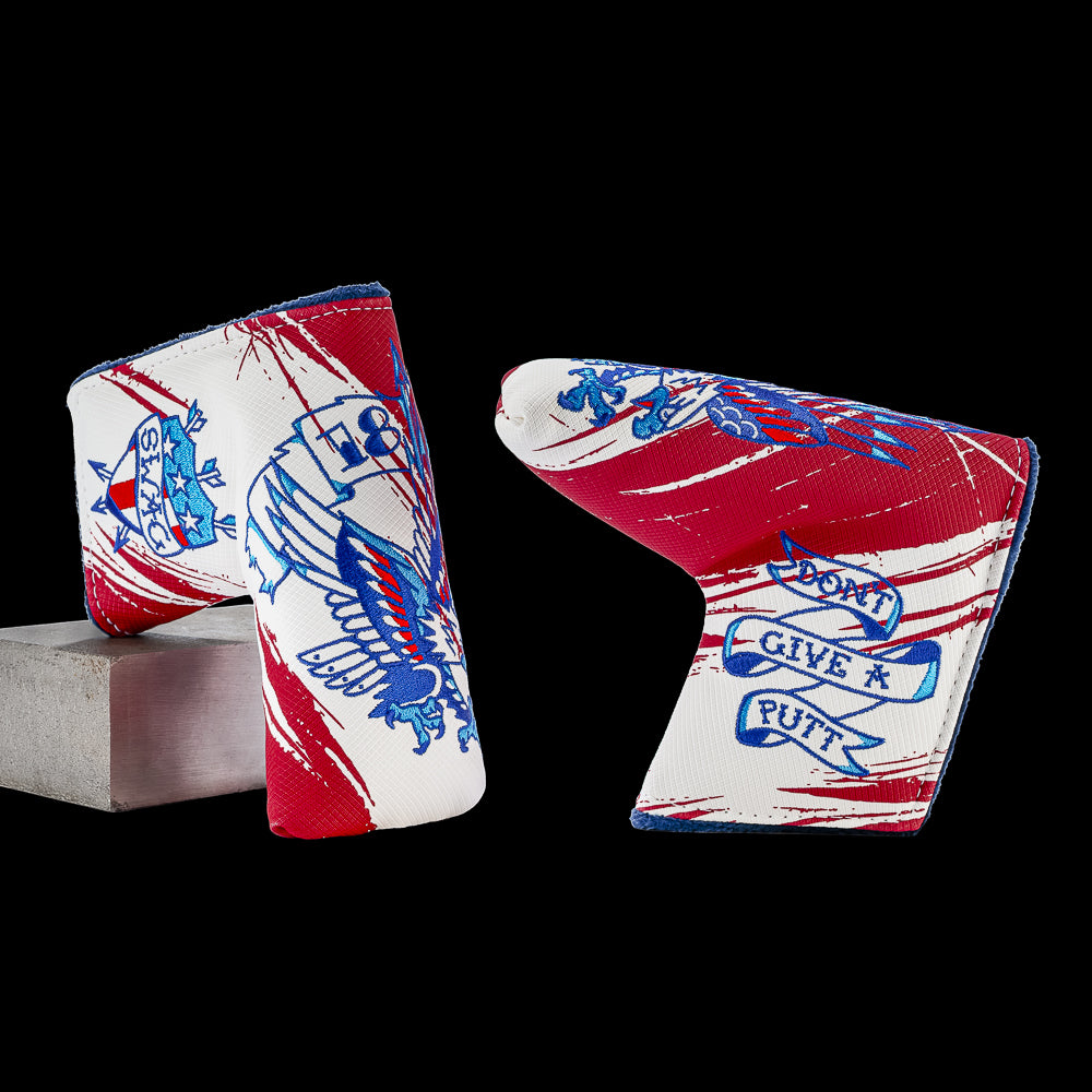 SWAG Golf American Ink blade putter cover featuring traditional tattoo-inspired eagle artwork with red, white, and blue Americana graphics.
