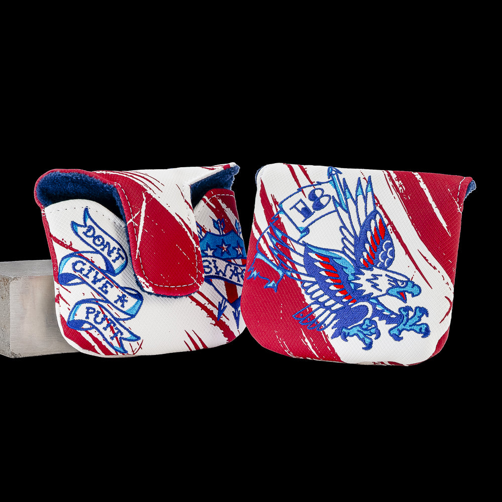 SWAG Golf American Ink mallet putter cover featuring vintage tattoo-inspired eagle artwork, Americana banners, and red, white, and blue graphics.