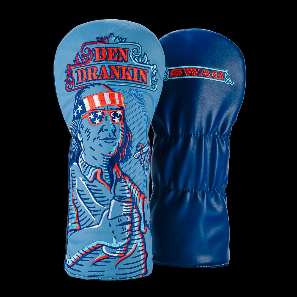 SWAG Golf Ben Drankin' driver cover featuring Benjamin Franklin wearing American flag sunglasses and a patriotic headband while holding a beverage and cigar on a blue background.