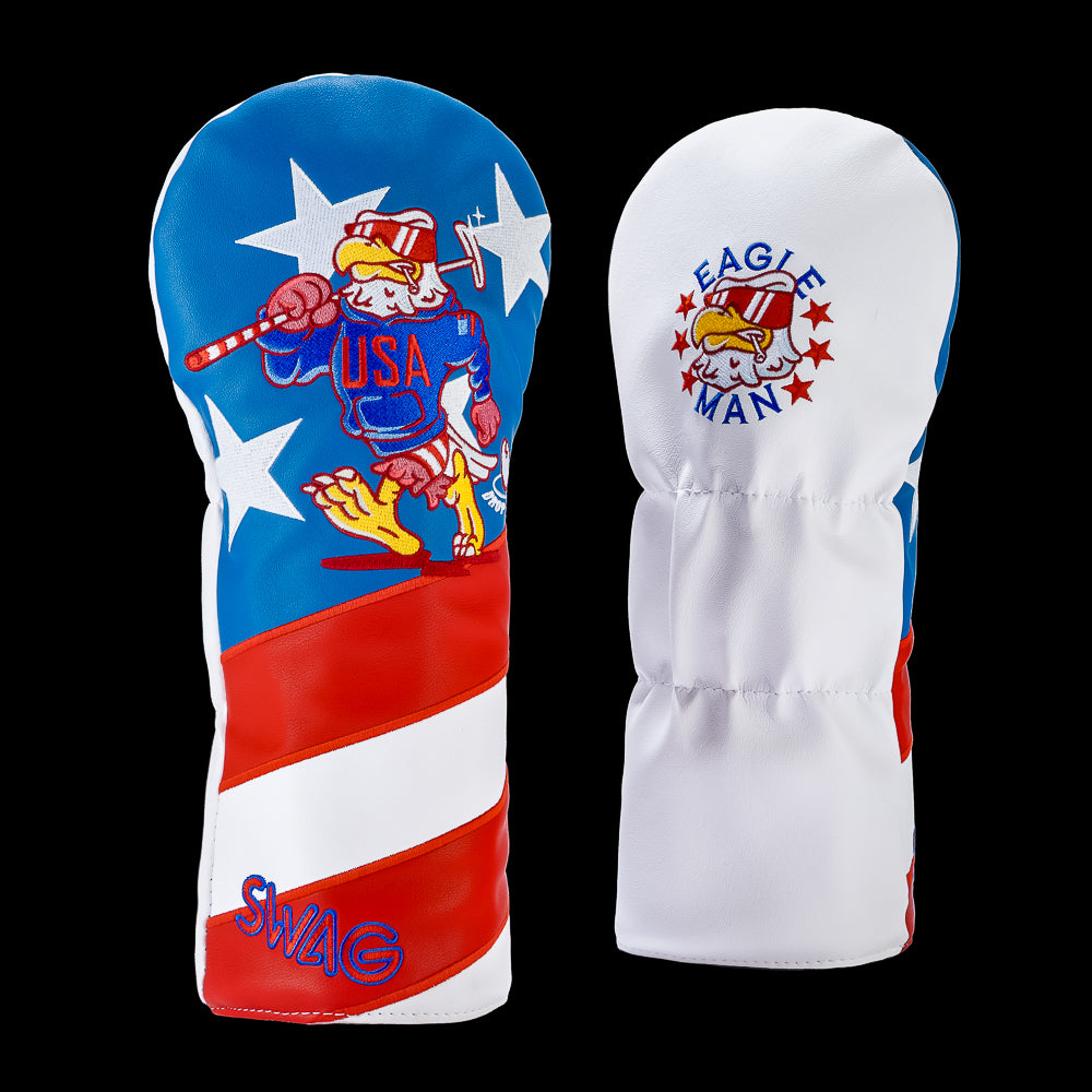 SWAG Golf Eagle Man driver cover featuring a patriotic eagle mascot in a USA hoodie against red, white, and blue American flag graphics with stars.