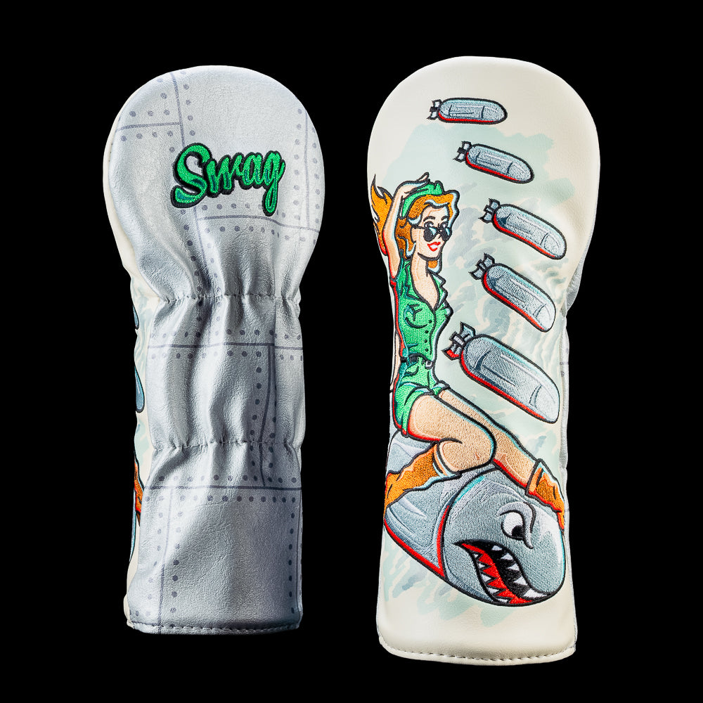 SWAG Golf Officer Bombshell fairway cover featuring a vintage military pin-up riding a shark-faced bomb with patriotic artwork.