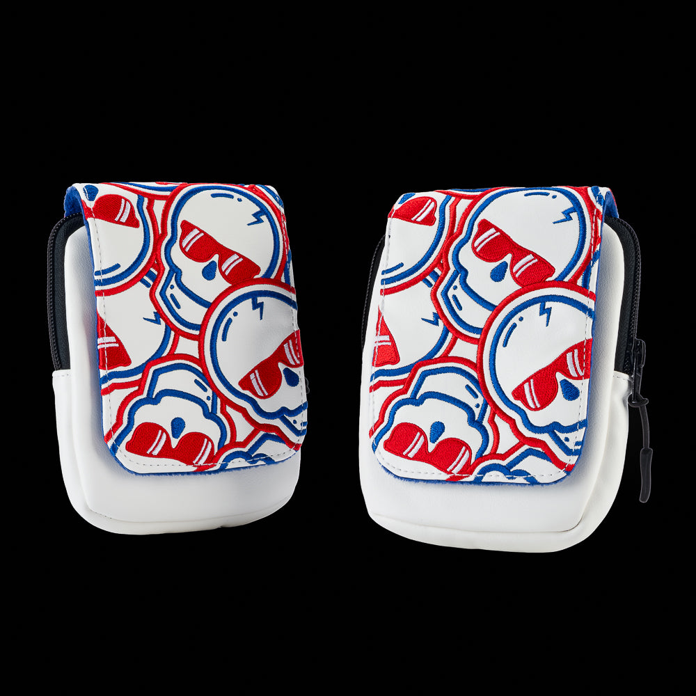 SWAG Golf RWB Stacked Skulls range finder case featuring repeating skull graphics with patriotic red, white, and blue styling.