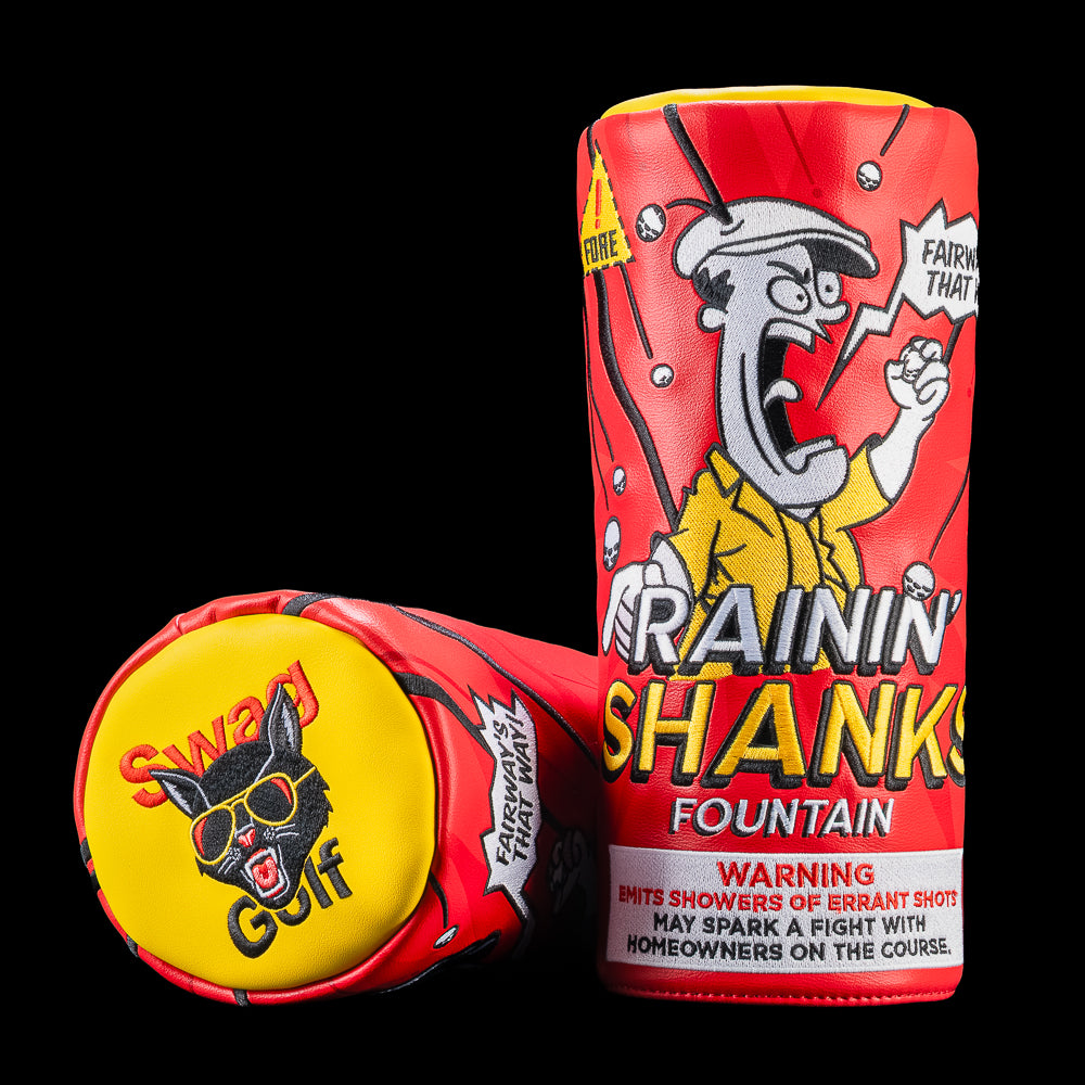 SWAG Golf Rainin' Shanks barrel driver cover designed like a fireworks fountain featuring a golfer dodging flying golf balls and comic-style artwork.
