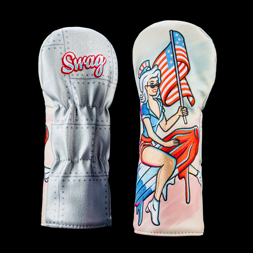 SWAG Golf Star-Spangled Bombshell fairway cover featuring a patriotic pin-up holding an American flag while riding a red, white, and blue rocket.