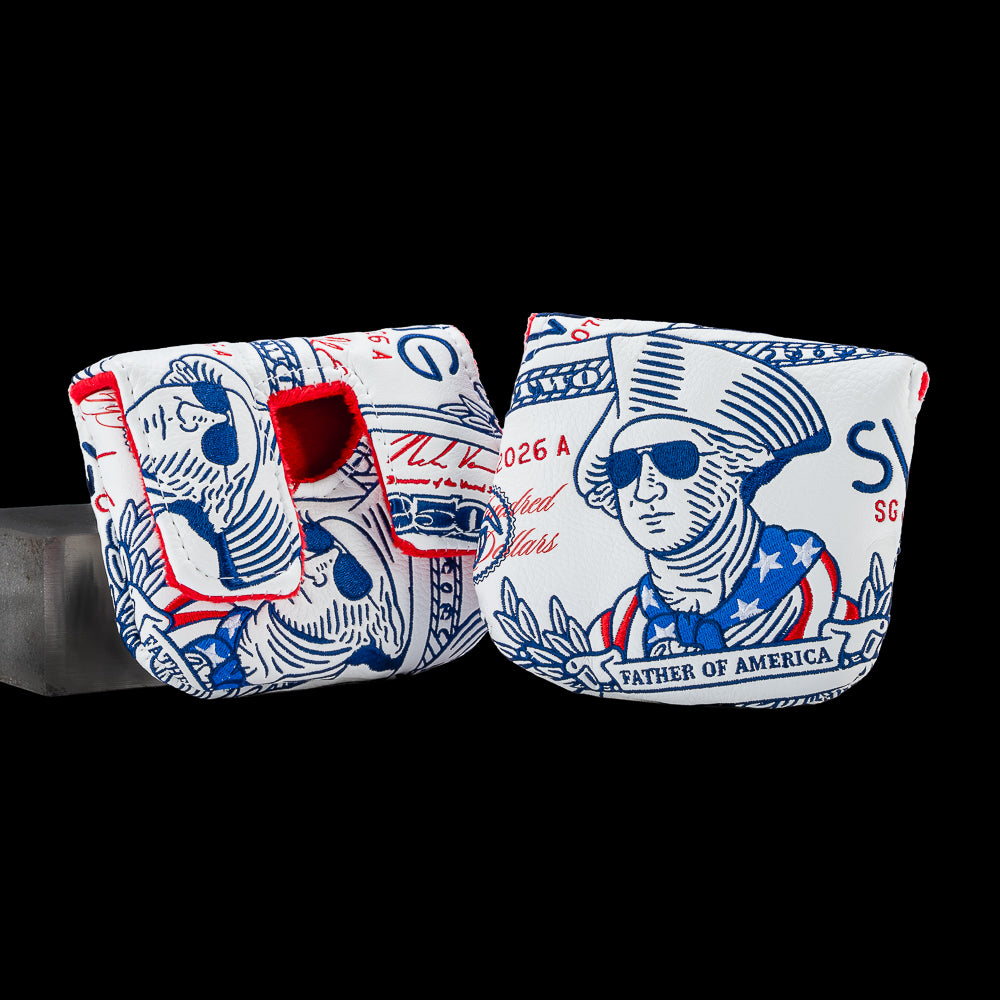 SWAG Golf $250 Washington small center shaft mallet putter cover featuring commemorative currency artwork with George Washington and patriotic details.