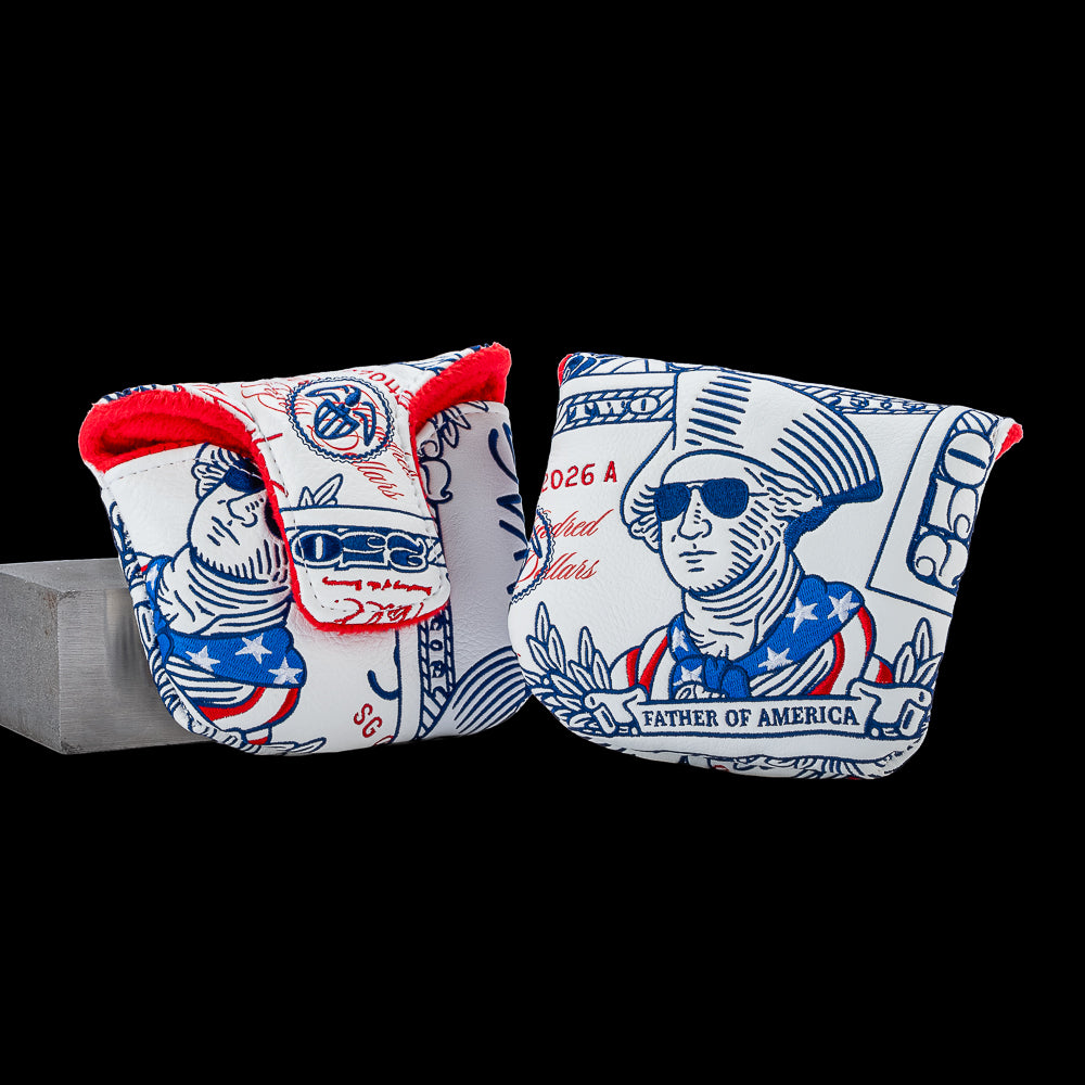 SWAG Golf $250 Washington mallet putter cover featuring patriotic commemorative bill artwork with George Washington and red, white, and blue graphics.