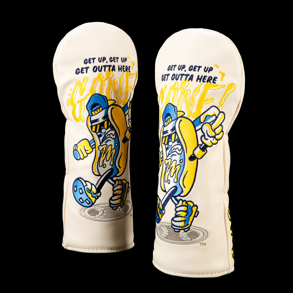 SWAG Golf Milwaukee Brewers fairway cover featuring an animated beer mug mascot wearing sunglasses, a backwards cap, and sneakers, with "GET UP. GET UP. GET OUTTA HERE" above oversized dripping "GONE!" lettering on a cream-colored design.