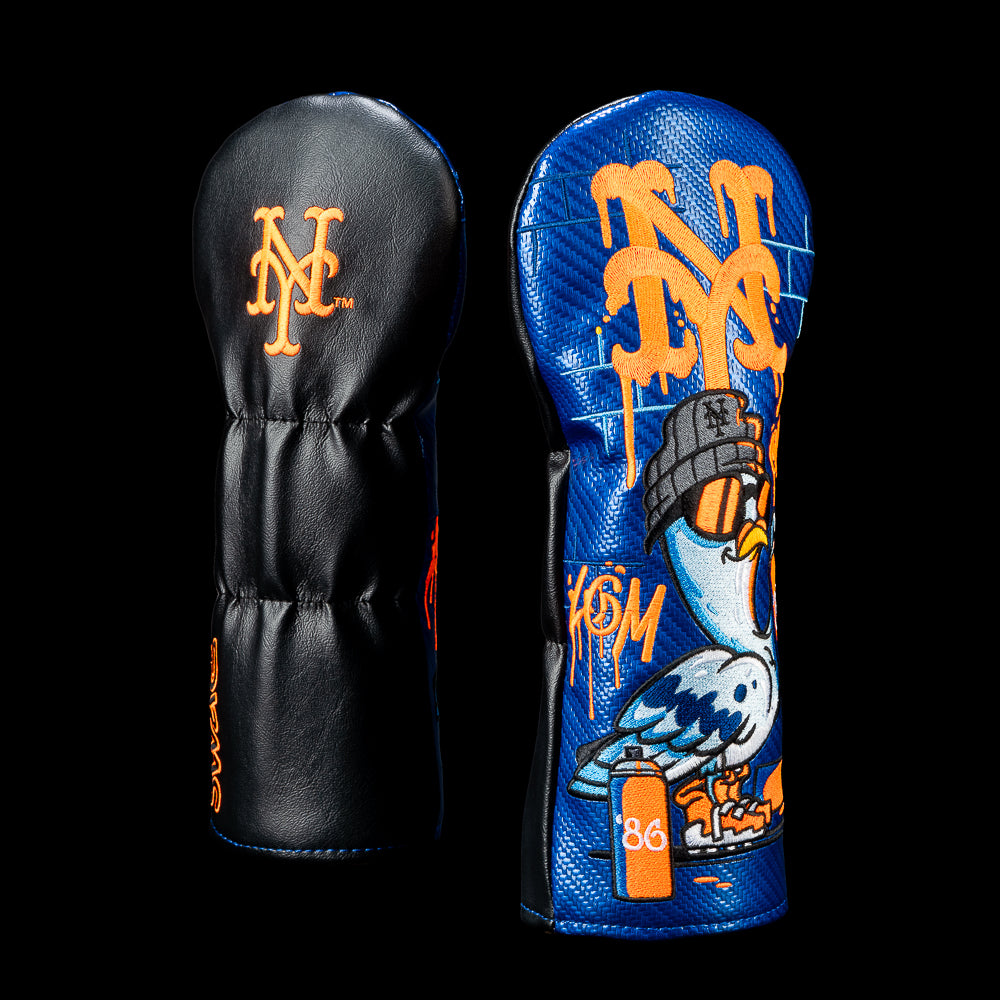 SWAG Golf New York Mets fairway cover shown front and back with the classic Mets logo on the back and a graffiti pigeon wearing a Mets beanie, surrounded by spray paint cans, street art, and oversized dripping "NY" lettering.