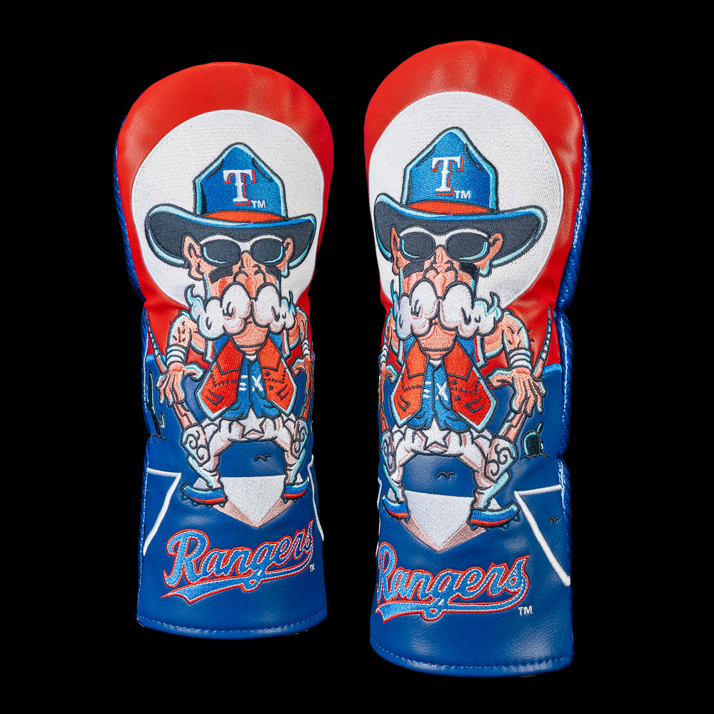 SWAG Golf Texas Rangers fairway cover featuring a cartoon cowboy with a massive mustache, sunglasses, and a Rangers hat standing over home plate. Rich embroidered details, vibrant Texas colors, and bold Rangers script.