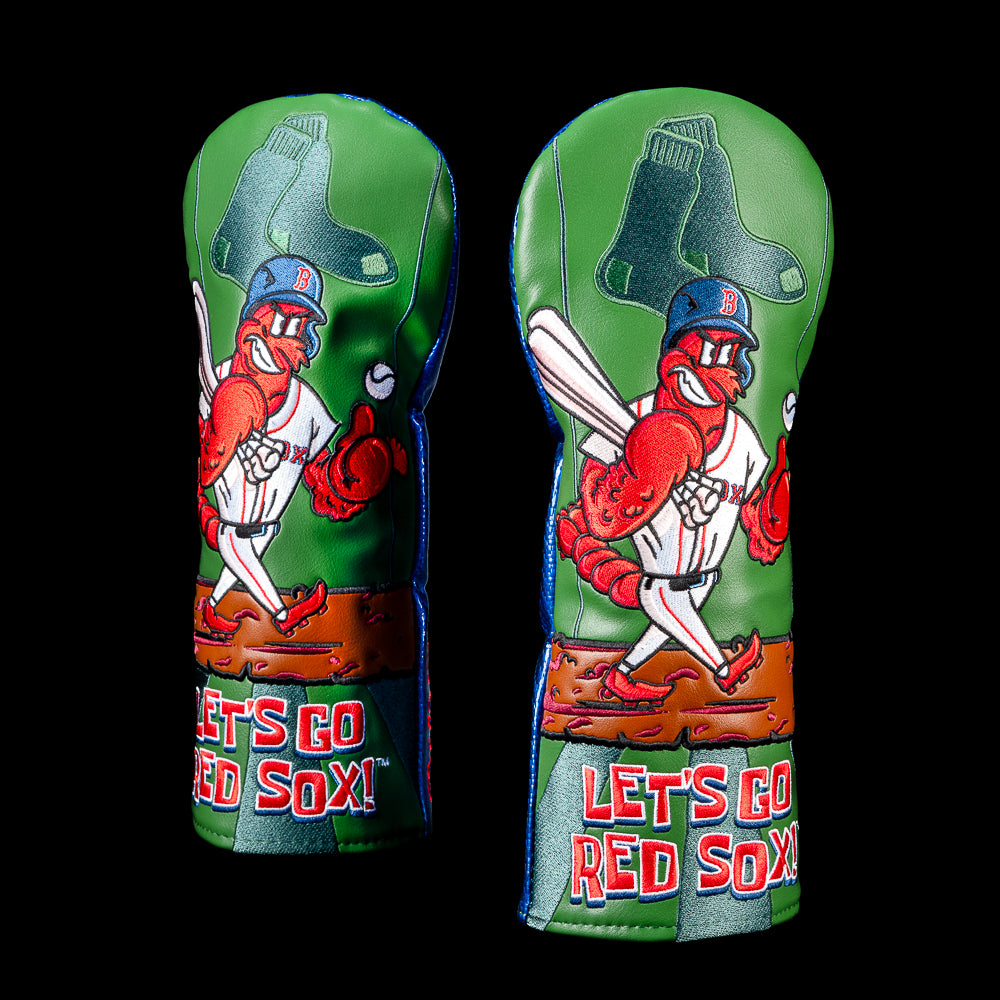 Front view of a Boston Red Sox fairway cover featuring a cartoon lobster batter in a Red Sox uniform with oversized Green Monster wall graphics, baseball details, and bold "LET'S GO RED SOX!" embroidery along the bottom.