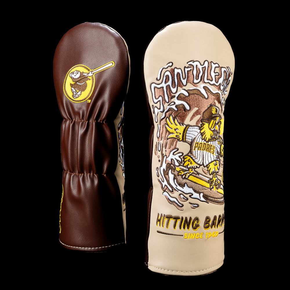 SWAG Golf San Diego Padres fairway cover shown front and back with the Swinging Friar logo embroidered on the reverse and artwork featuring a bird "SAN DIEGO" lettering and "HITTING BARRELS SINCE 1969" across the bottom.