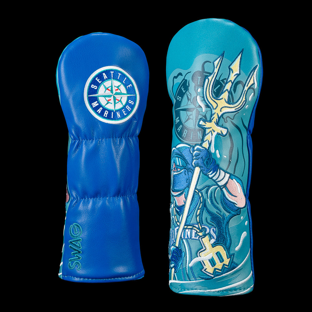 Seattle Mariners fairway cover featuring embroidered artwork of a Mariners player holding a gold trident with ocean waves and the Mariners compass in teal, navy, and blue.