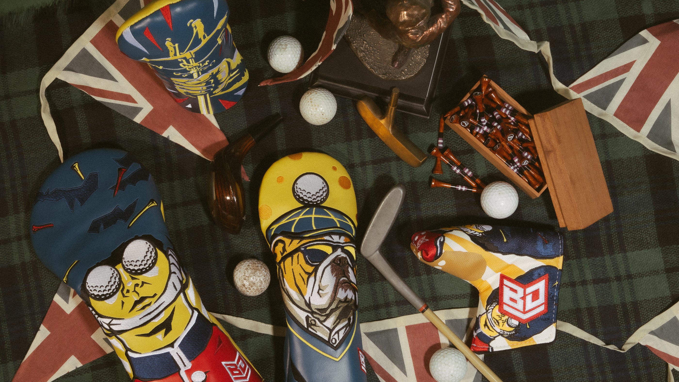 SWAG Golf x Bryson DeChambeau British themed limited edition golf headcover collection.
