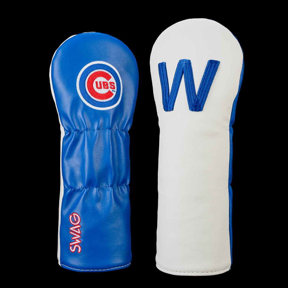 Chicago Cubs W fairway wood headcover with a bold blue W, Cubs logo, blue backing, and red SWAG Golf branding.