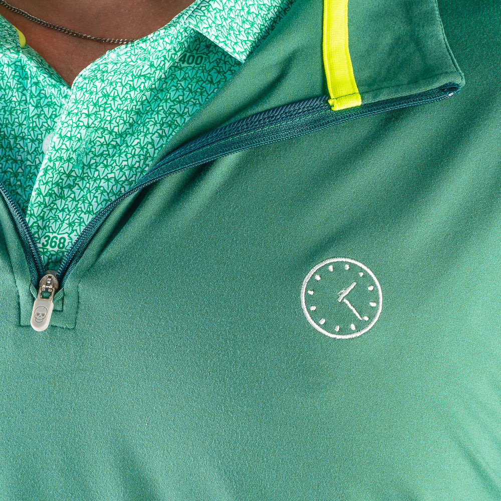 Close-up of the Chicago Cubs 1:20 Clock Club Quarter-Zip collar and embroidered clock chest graphic.