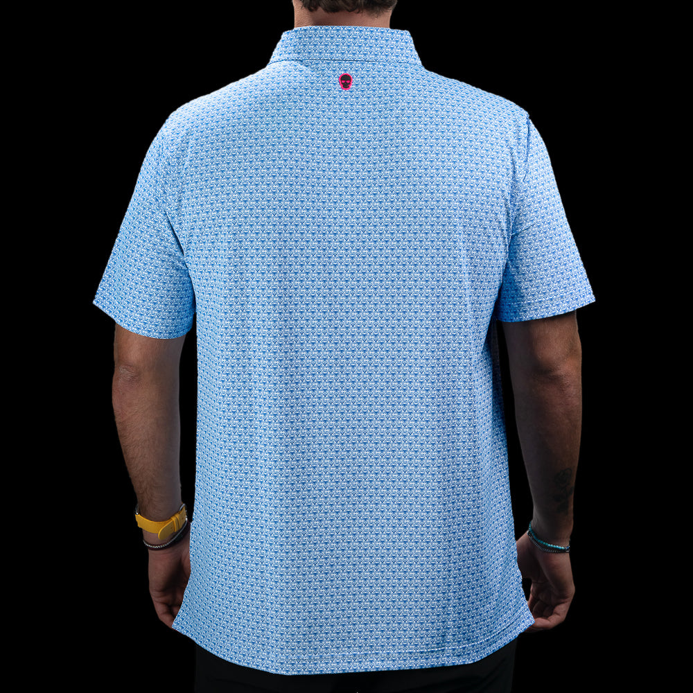 Back view of the Chicago Cubs Geometric Logo Classic Polo Shirt with repeating geometric graphics.