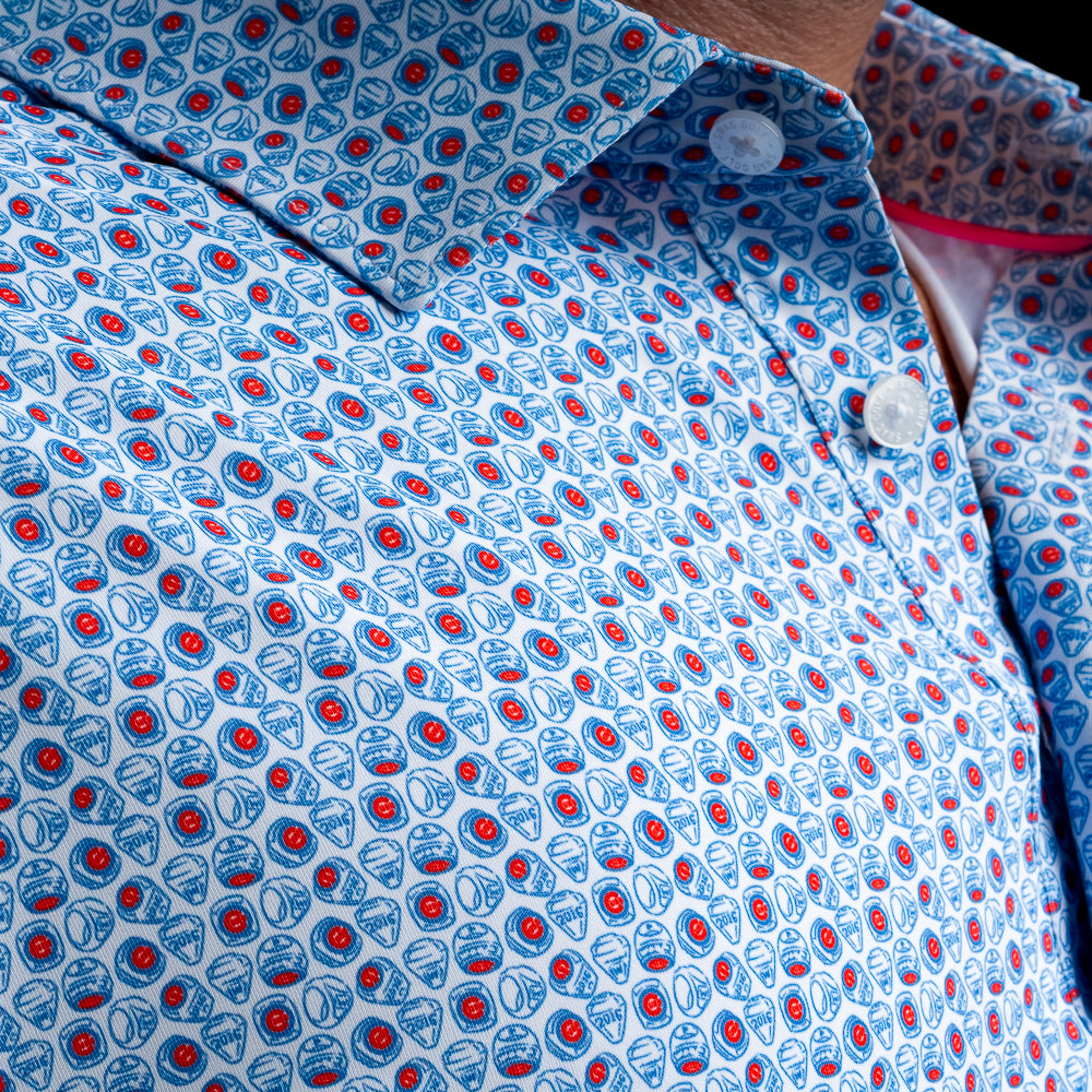 Close-up of the all-over pattern and collar on the Chicago Cubs World Champs Classic Polo Shirt.