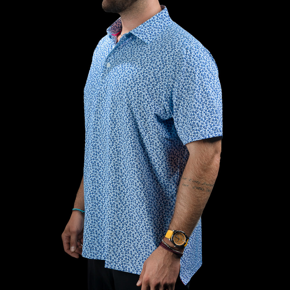 Side view of the Chicago Cubs W Flag Classic Polo Shirt featuring the blue and white all-over pattern.
