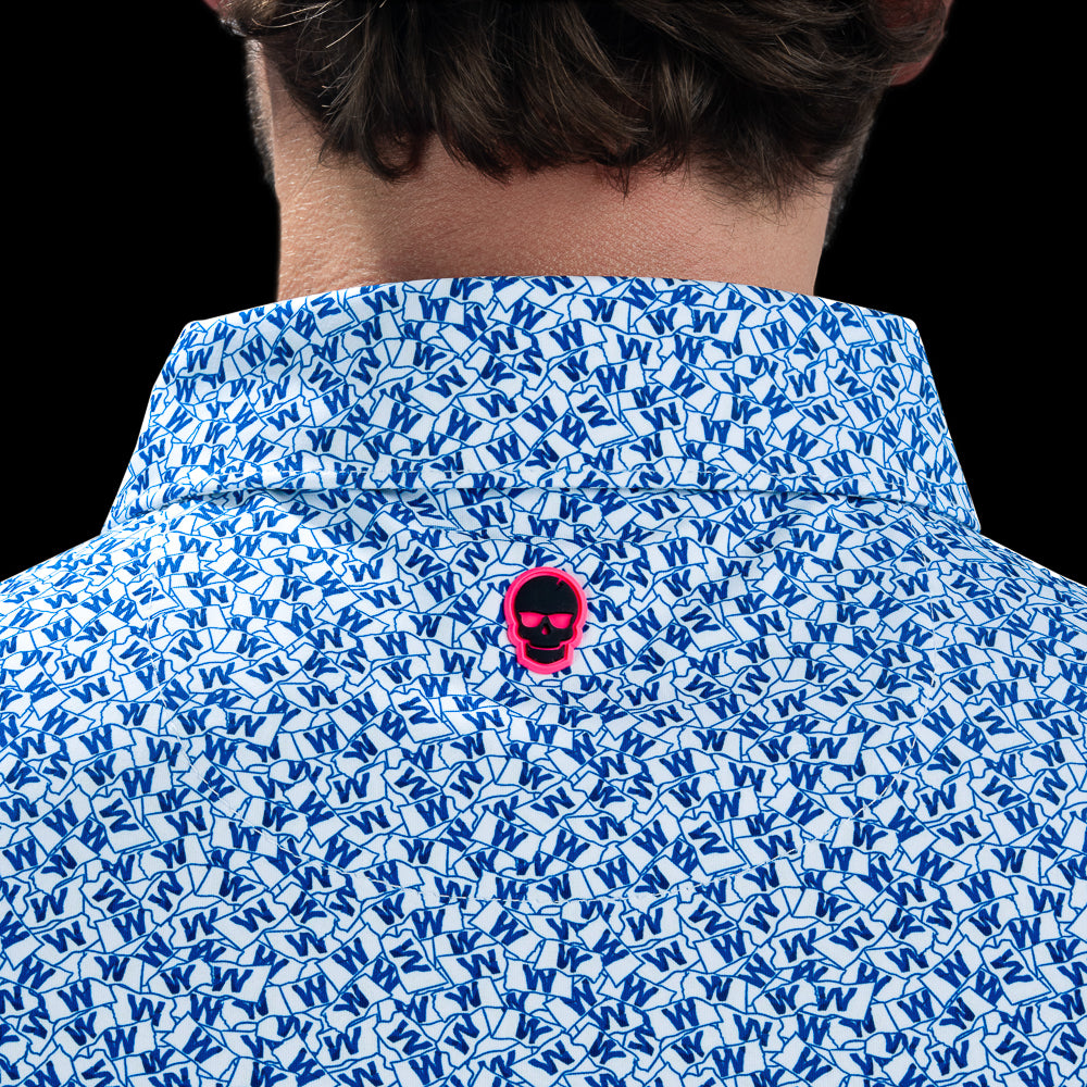 Close-up of the back collar on the Chicago Cubs W Flag Classic Polo Shirt with SWAG skull logo.