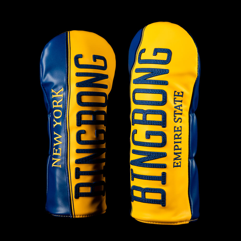 SWAG Golf New York Bing Bong driver cover featuring a yellow and blue New York license plate-inspired design with oversized "BING BONG" lettering, "Empire State" text, and blue side panels.