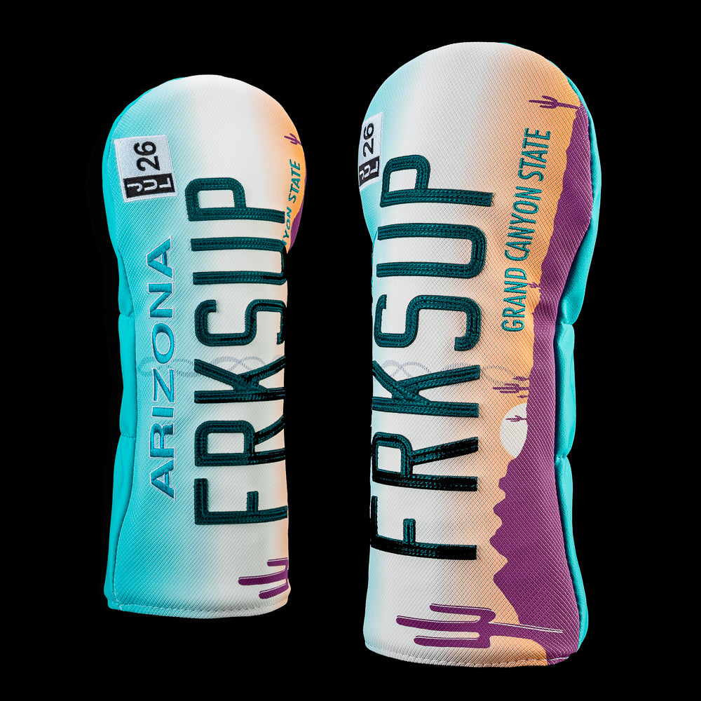 Side view of the Arizona Forks Up driver headcover featuring a Grand Canyon inspired license plate design with vertical "FRKSUP" lettering, Grand Canyon State text, canyon landscape artwork, a registration sticker, and turquoise side panels.