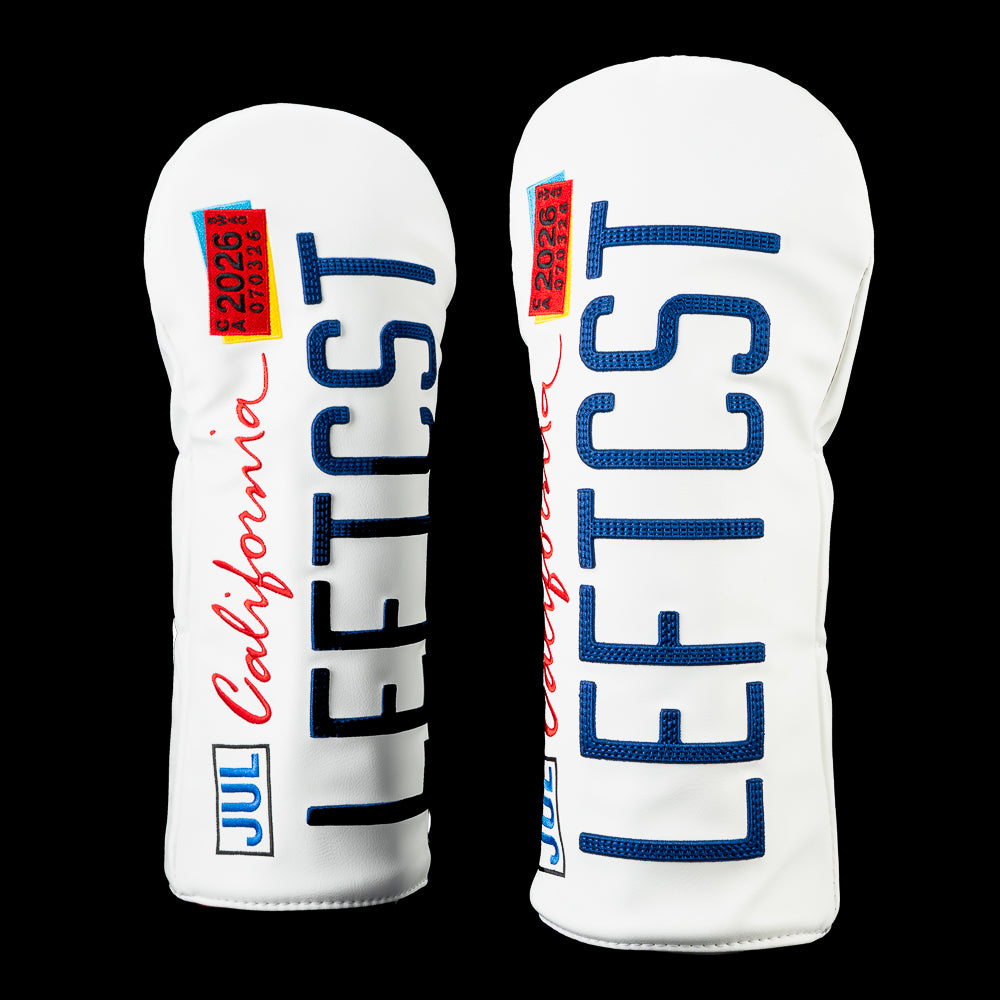 Front and back views of the SWAG Golf SoCal Left Coast driver cover featuring a California license plate with oversized blue "LEFT CST" lettering, red California script, July registration sticker, and white background.