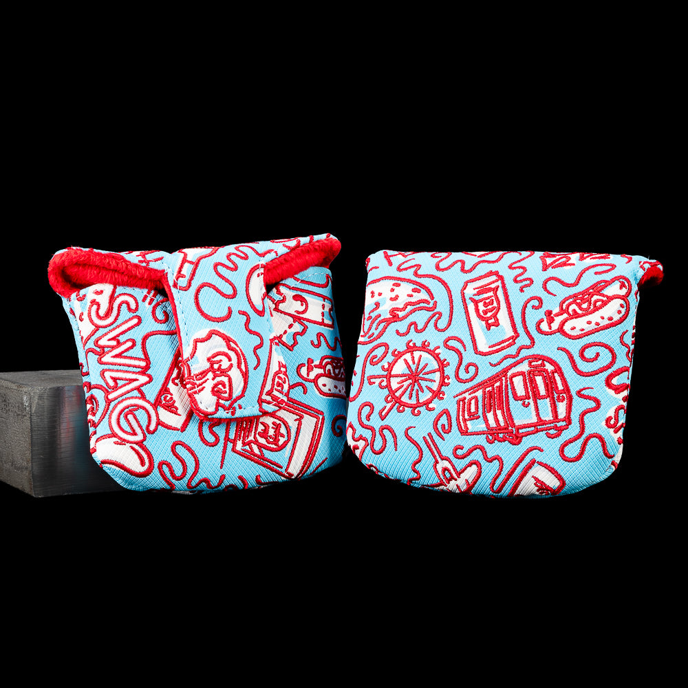 Open and closed views of the SWAG Golf Locals Only Chicago mallet putter cover featuring embroidered Chicago inspired artwork with deep dish pizza, the Chicago Theatre sign, an elevated train, hot dog, skyline elements, and neighborhood icons in red and light blue with a red plush interior.