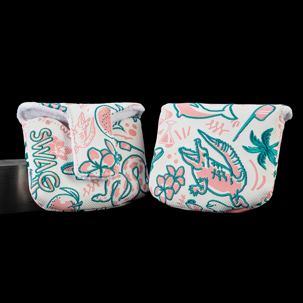 Florida mallet putter cover featuring embroidered alligators, sharks, palm trees, hibiscus flowers, oranges, ocean inspired graphics, and SWAG lettering in a colorful Florida themed pattern.