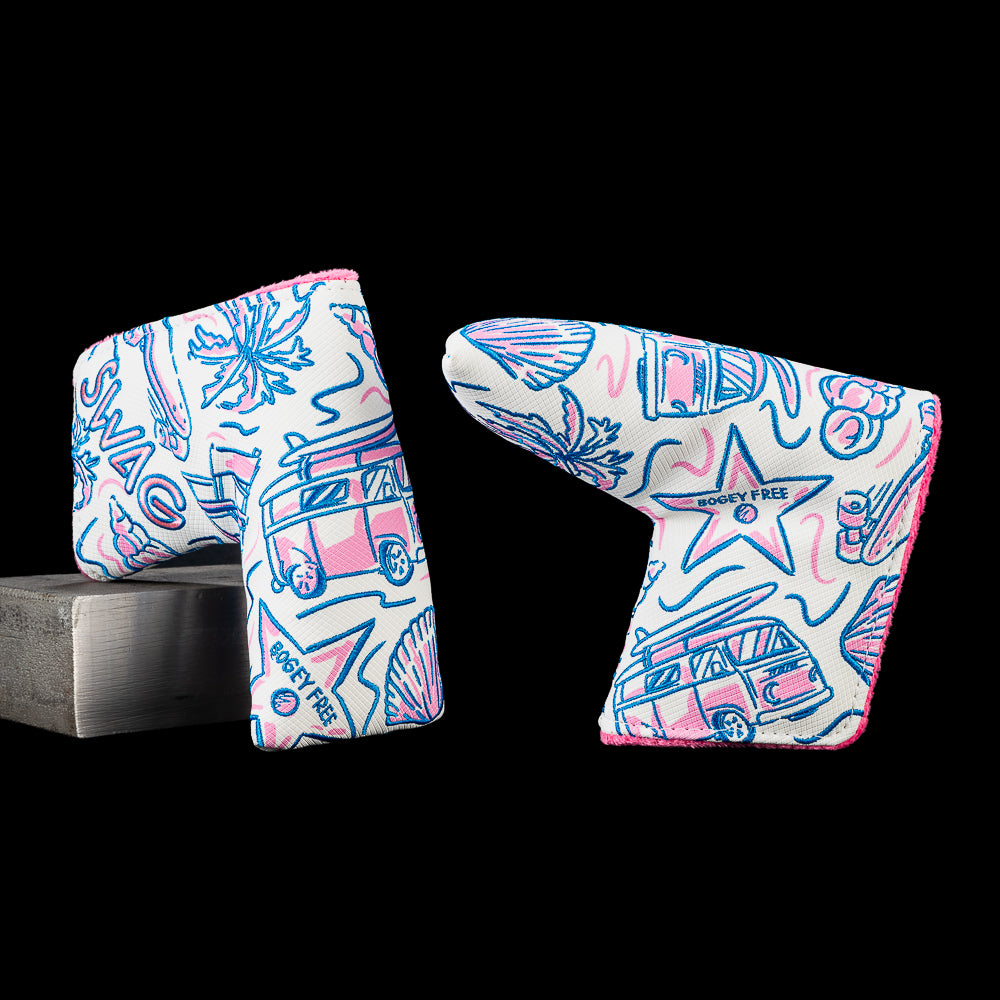 SWAG Golf Locals Only SoCal blade putter cover featuring embroidered Southern California inspired artwork with a vintage surf van, surfboards, palm trees, seashells, stars, and coastal graphics in blue and pink.