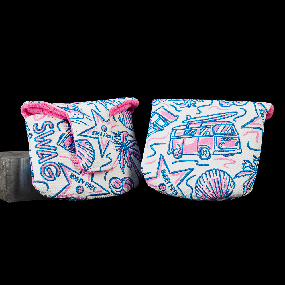 SWAG Golf Locals Only SoCal mallet putter cover featuring embroidered Southern California-inspired artwork with a vintage surf van, palm trees, surfboards, seashells, beach icons, and coastal graphics in blue and pink with a pink plush interior.