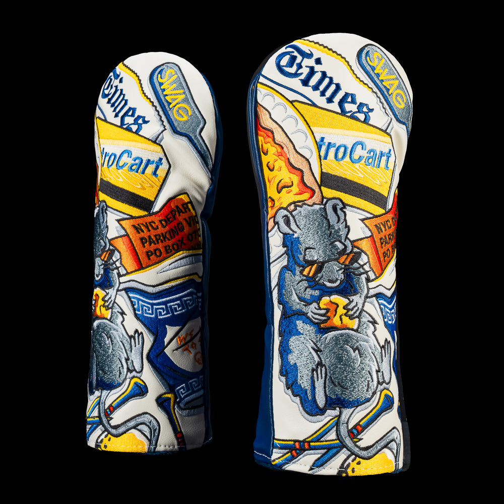SWAG Golf New York Essentials fairway wood cover featuring embroidered New York-inspired artwork with pizza, MetroCart graphics, city landmarks, taxi references, subway inspired details, and neighborhood icons in blue, yellow, orange, gray, and white.