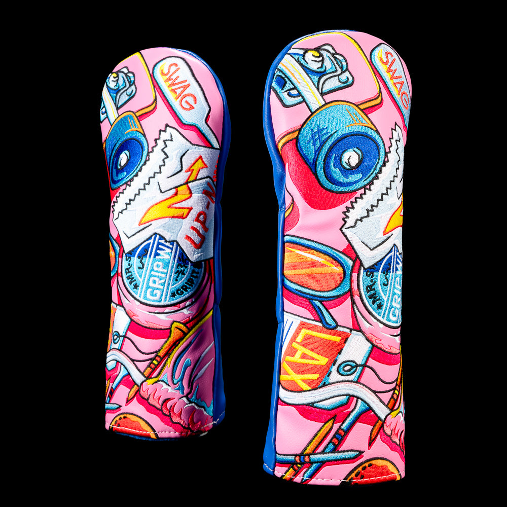 SWAG Golf SoCal Essentials fairway wood cover featuring colorful embroidered Southern California inspired artwork with a skateboard, fast food bag, and coastal lifestyle graphics in pink, blue, yellow, and white.