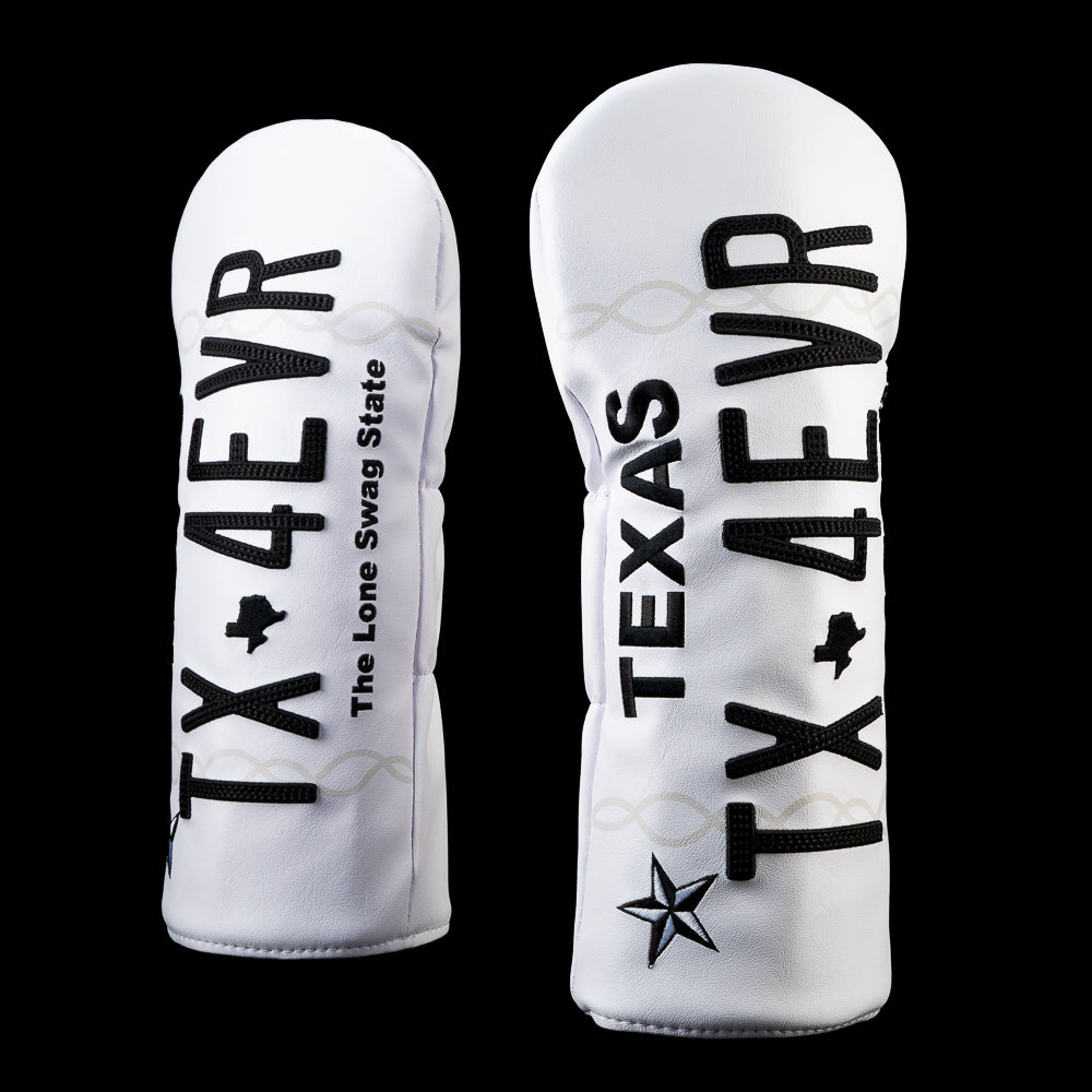 Front and back views of the SWAG Golf Texas 4 Ever driver headcover featuring vertical "TX 4 EVR" and "TEXAS TX 4 EVR" lettering on a white license plate inspired design with a black Texas star graphic.