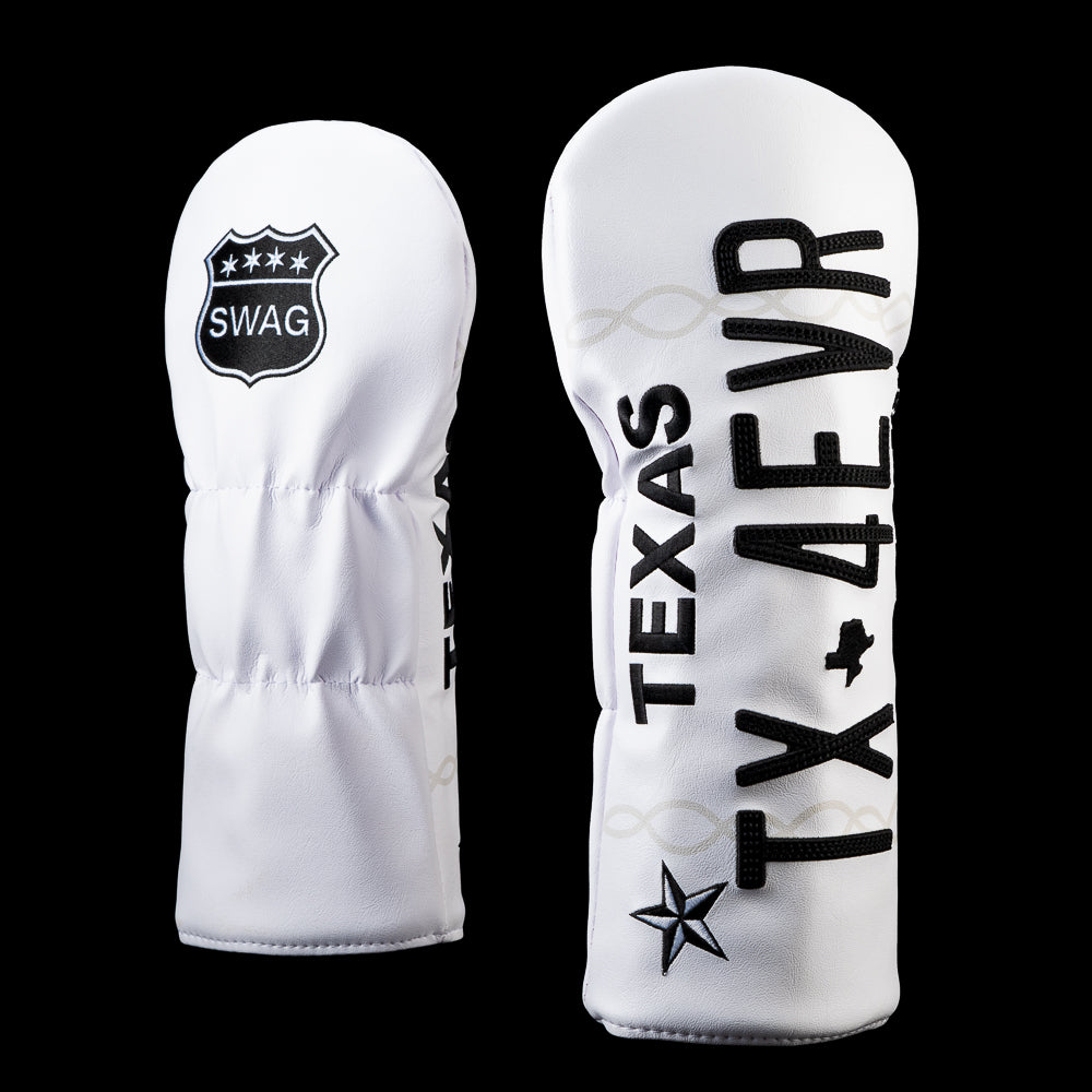 Front and back views of the SWAG Golf Texas 4 Ever driver cover featuring a white Texas license plate-inspired design with oversized black "TX 4 EVR" lettering, a black Texas star, and the SWAG shield logo on the back.