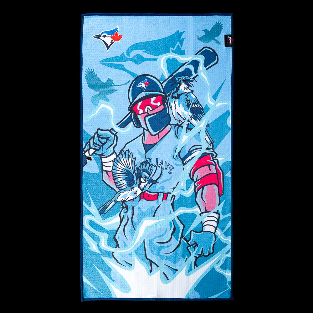 Toronto Blue Jays batter surrounded by blue jays, lightning, and oversized Blue Jays graphics on an officially licensed Toronto Blue Jays MLB golf towel by SWAG Golf.