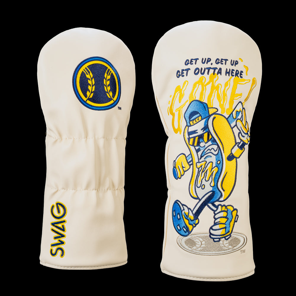 SWAG Golf Milwaukee Brewers driver cover shown front and back with the Brewers logo on the reverse and artwork featuring a hotdog mascot beneath melting "GONE!" lettering and the phrase "Get Up, Get Up, Get Outta Here."